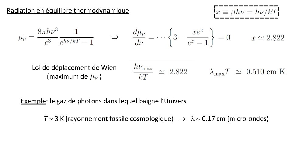 Radiation en équilibre thermodynamique Loi de déplacement de Wien (maximum de ) Exemple: le