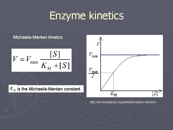 Enzyme kinetics Michaelis-Menten kinetics is the Michaelis-Menten constant. http: //en. wikipedia. org/wiki/Michaelis-Menten 
