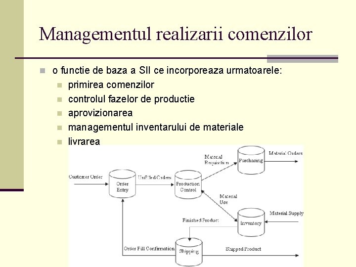 Managementul realizarii comenzilor n o functie de baza a SII ce incorporeaza urmatoarele: n