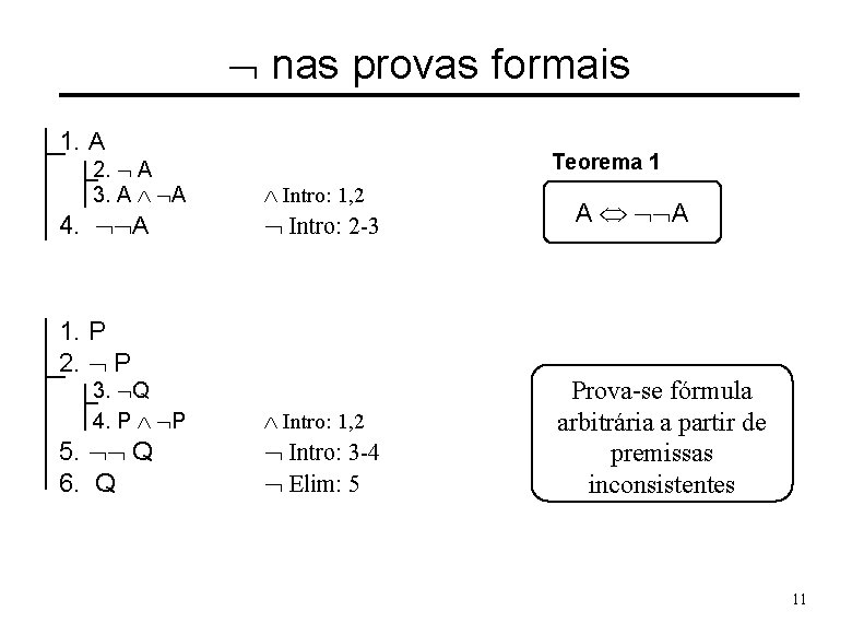 Ø nas provas formais 1. A 2. Ø A 3. A Ù ØA 4.