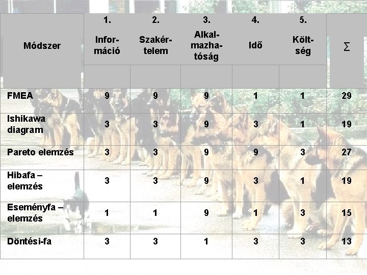 1. 2. 3. 4. 5. Információ Szakértelem Alkalmazhatóság Idő Költség FMEA 9 9 9