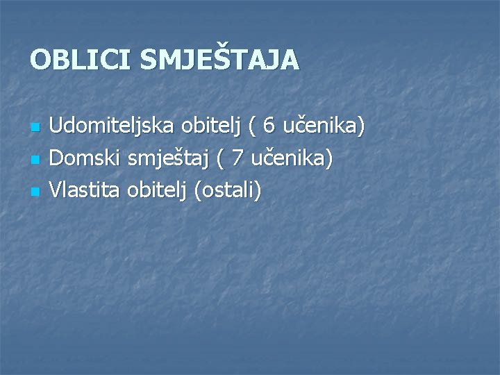 OBLICI SMJEŠTAJA n n n Udomiteljska obitelj ( 6 učenika) Domski smještaj ( 7