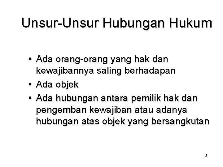 Unsur-Unsur Hubungan Hukum • Ada orang-orang yang hak dan kewajibannya saling berhadapan • Ada