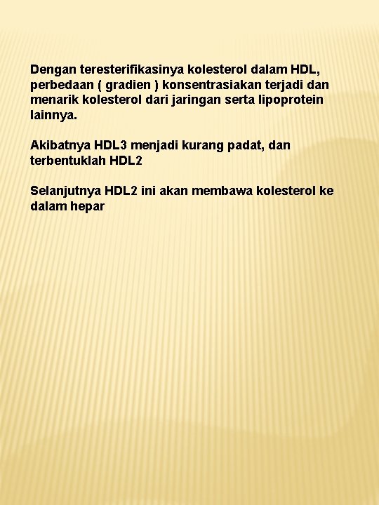 Dengan teresterifikasinya kolesterol dalam HDL, perbedaan ( gradien ) konsentrasiakan terjadi dan menarik kolesterol