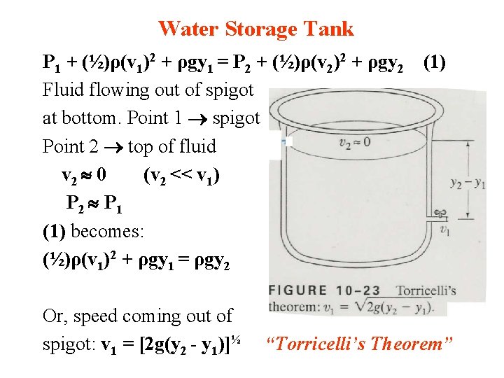 Water Storage Tank P 1 + (½)ρ(v 1)2 + ρgy 1 = P 2