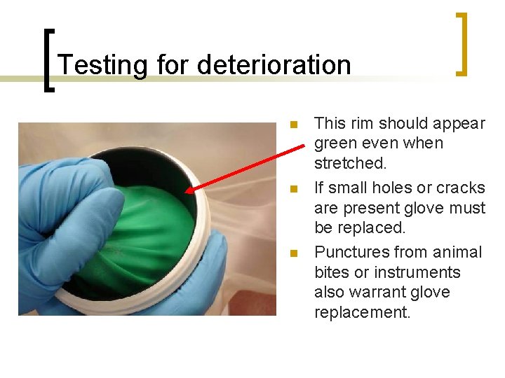 Testing for deterioration n This rim should appear green even when stretched. If small