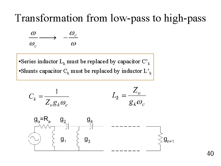 Transformation from low-pass to high-pass • Series inductor Lk must be replaced by capacitor