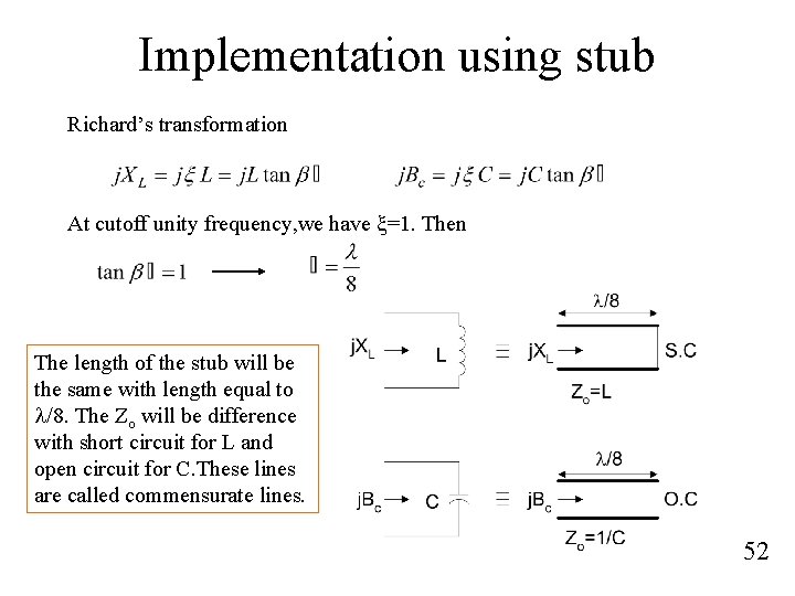 Implementation using stub Richard’s transformation At cutoff unity frequency, we have x=1. Then The