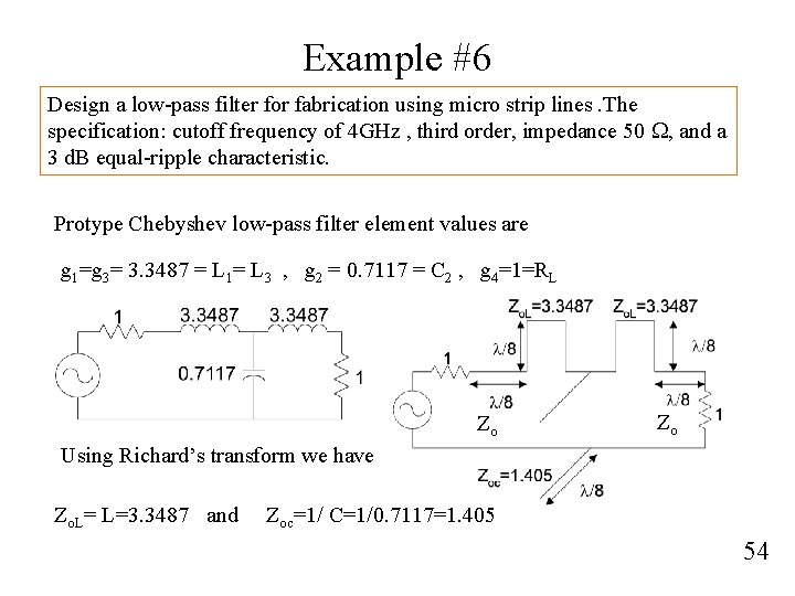 Example #6 Design a low-pass filter for fabrication using micro strip lines. The specification: