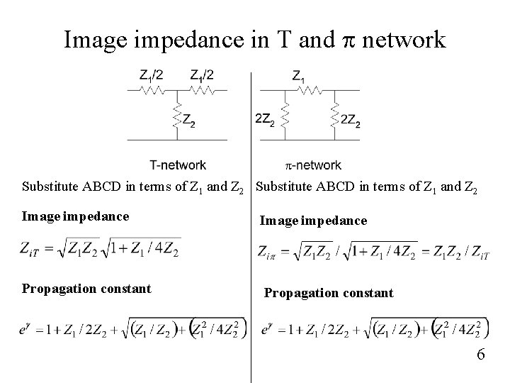 Image impedance in T and p network Substitute ABCD in terms of Z 1