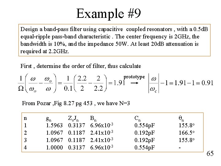 Example #9 Design a band-pass filter using capacitive coupled resonators , with a 0.