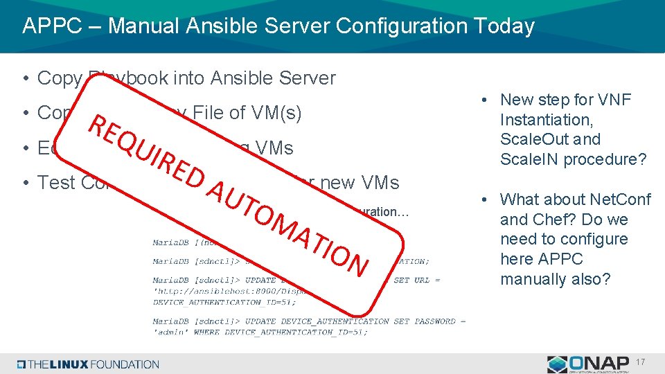 APPC – Manual Ansible Server Configuration Today • Copy Playbook into Ansible Server REQ