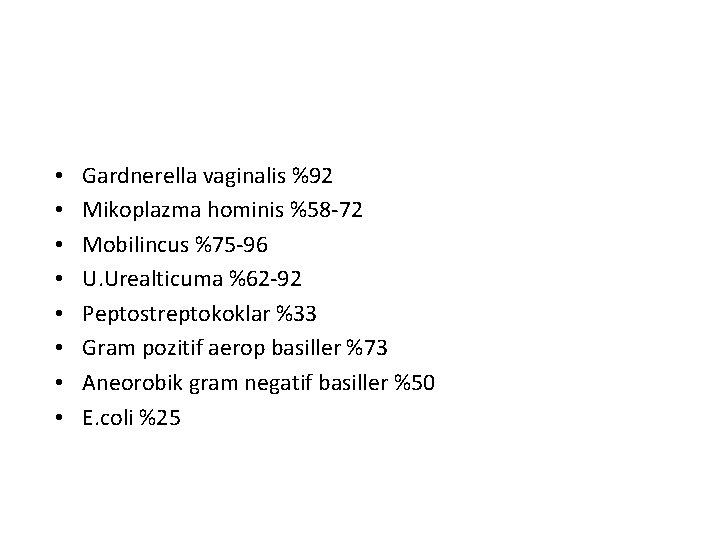  • • Gardnerella vaginalis %92 Mikoplazma hominis %58 -72 Mobilincus %75 -96 U.