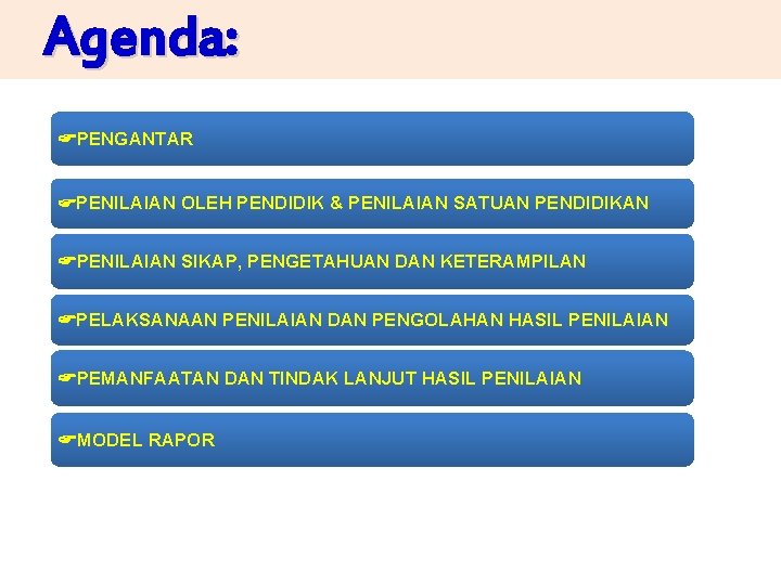 Agenda: PENGANTAR PENILAIAN OLEH PENDIDIK & PENILAIAN SATUAN PENDIDIKAN PENILAIAN SIKAP, PENGETAHUAN DAN KETERAMPILAN