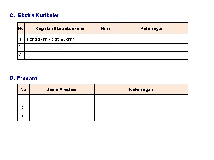 C. Ekstra Kurikuler No. Kegiatan Ekstrakurikuler Nilai Keterangan 1. Pendidikan Kepramukaan 2. . .