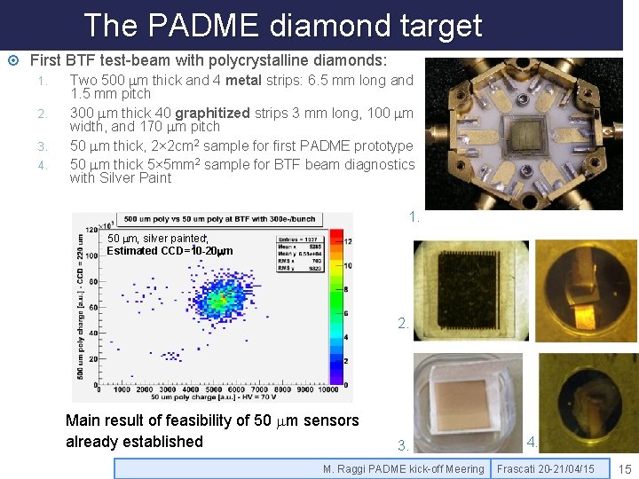 The PADME diamond target First BTF test-beam with polycrystalline diamonds: 1. 2. 3. 4.