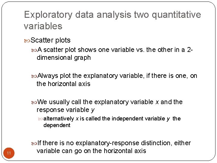 Exploratory data analysis two quantitative variables Scatter plots A scatter plot shows one variable