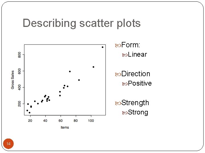Describing scatter plots Form: Linear Direction Positive Strength Strong 14 