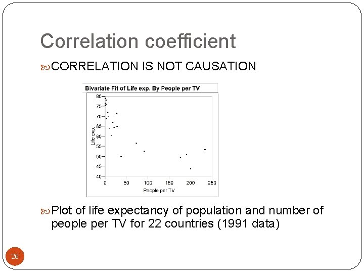 Correlation coefficient CORRELATION IS NOT CAUSATION Plot of life expectancy of population and number