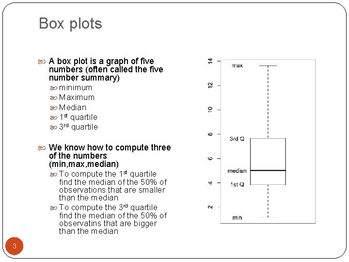 Box plots A box plot is a graph of five numbers (often called the
