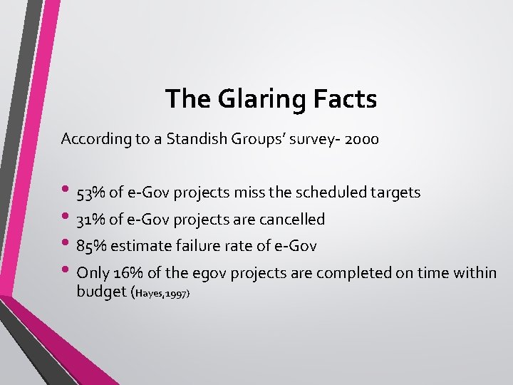 The Glaring Facts According to a Standish Groups’ survey- 2000 • 53% of e-Gov