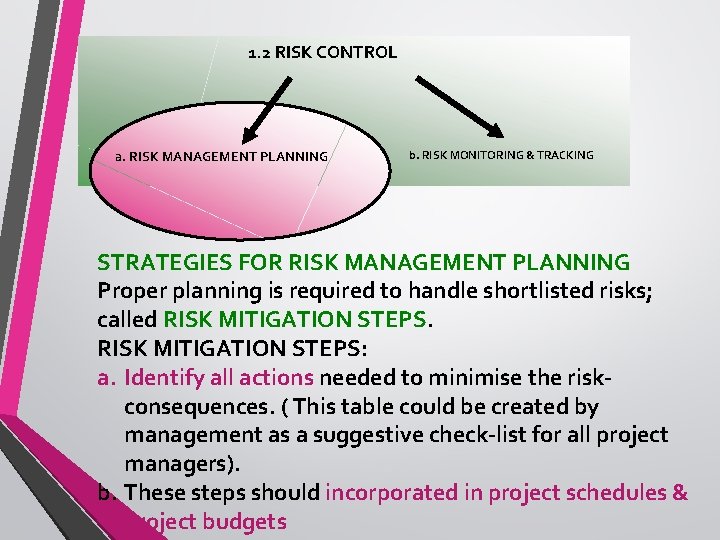 1. 2 RISK CONTROL a. RISK MANAGEMENT PLANNING b. RISK MONITORING & TRACKING STRATEGIES