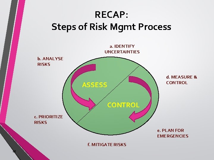 RECAP: Steps of Risk Mgmt Process a. IDENTIFY UNCERTAINTIES b. ANALYSE RISKS d. MEASURE