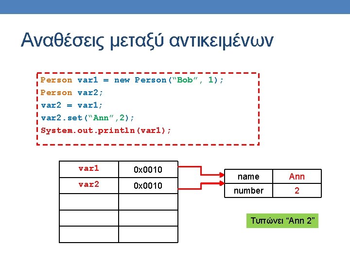 Αναθέσεις μεταξύ αντικειμένων Person var 1 = new Person(“Bob”, 1); Person var 2; var