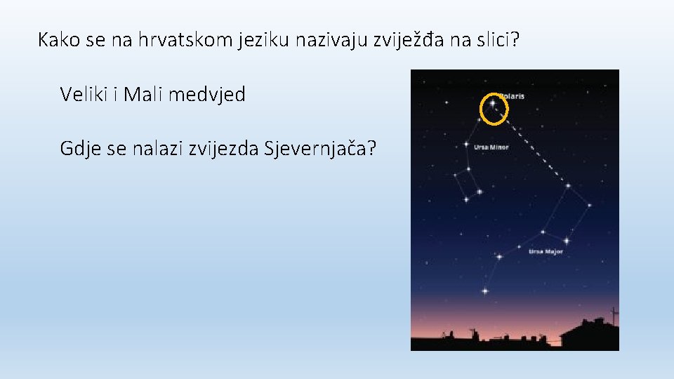 Kako se na hrvatskom jeziku nazivaju zviježđa na slici? Veliki i Mali medvjed Gdje Kako se na hrvatskom jeziku nazivaju zviježđa na slici? Veliki i Mali medvjed Gdje