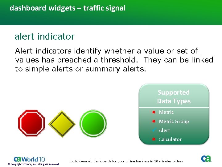 dashboard widgets – traffic signal alert indicator Alert indicators identify whether a value or