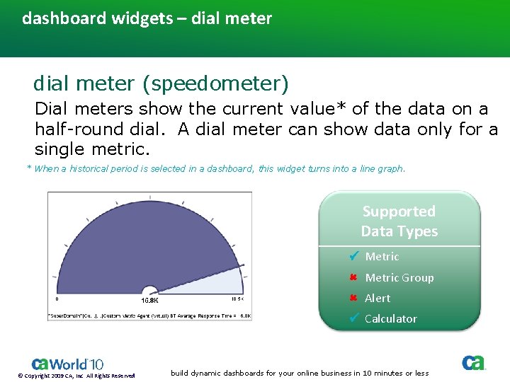 dashboard widgets – dial meter (speedometer) Dial meters show the current value* of the