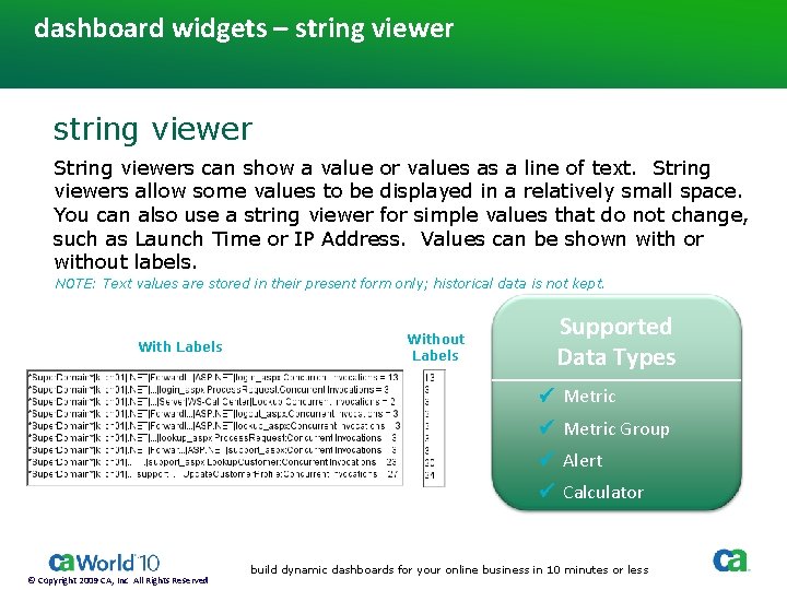 dashboard widgets – string viewer String viewers can show a value or values as