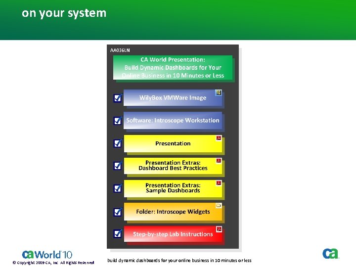 on your system © Copyright 2009 CA, Inc All Rights Reserved build dynamic dashboards