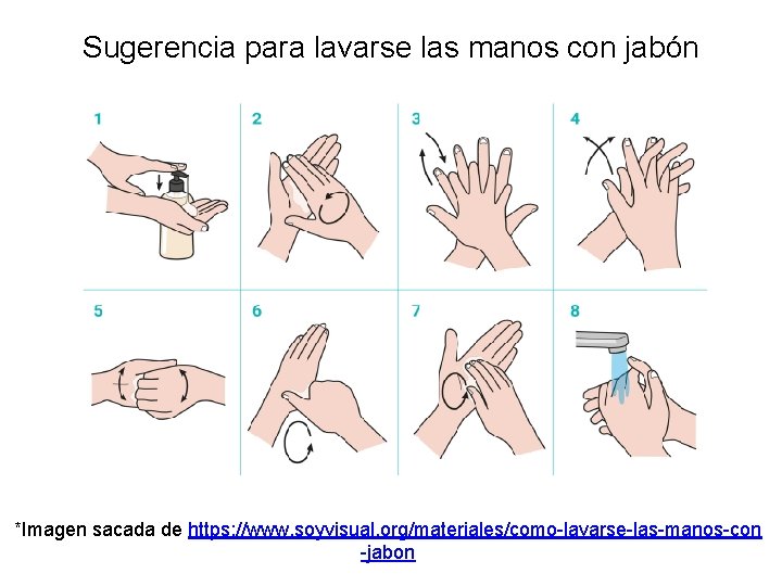 Sugerencia para lavarse las manos con jabón *Imagen sacada de https: //www. soyvisual. org/materiales/como-lavarse-las-manos-con