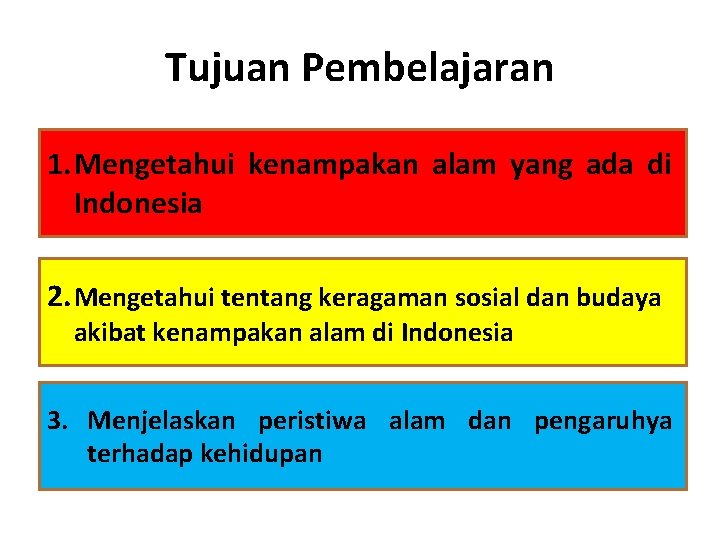 Tujuan Pembelajaran 1. Mengetahui kenampakan alam yang ada di Indonesia 2. Mengetahui tentang keragaman