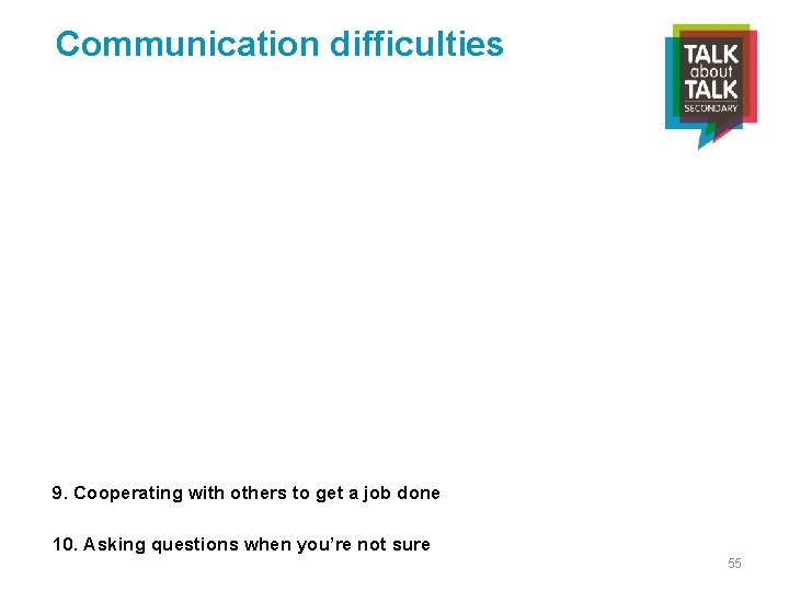 Communication difficulties 9. Cooperating with others to get a job done 10. Asking questions