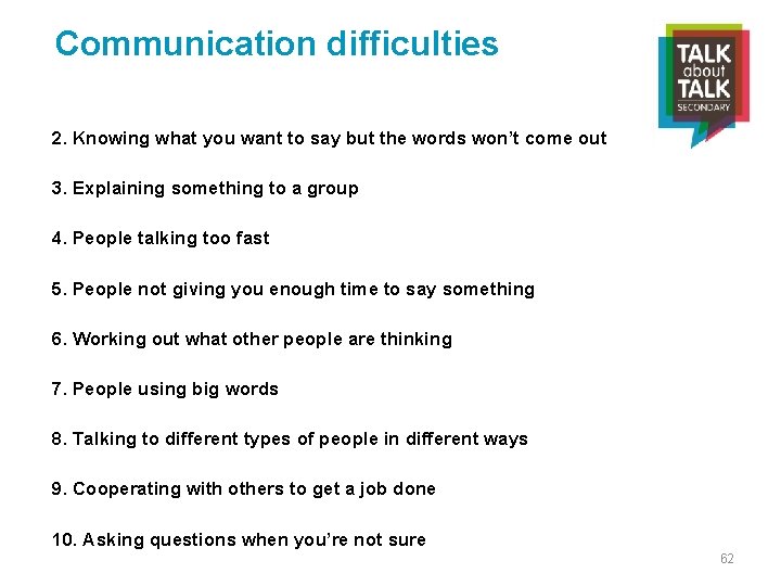 Communication difficulties 2. Knowing what you want to say but the words won’t come