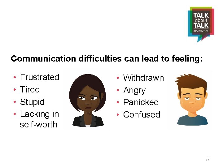 Communication difficulties can lead to feeling: • • Frustrated Tired Stupid Lacking in self-worth