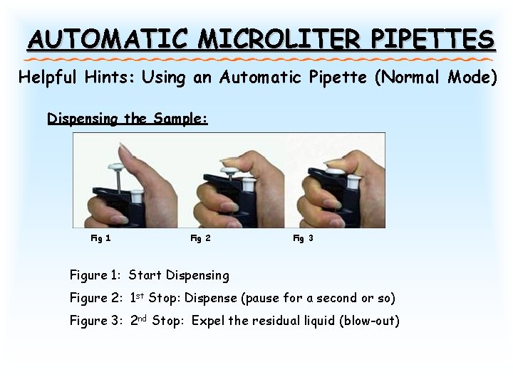 AUTOMATIC MICROLITER PIPETTES Helpful Hints: Using an Automatic Pipette (Normal Mode) Dispensing the Sample: