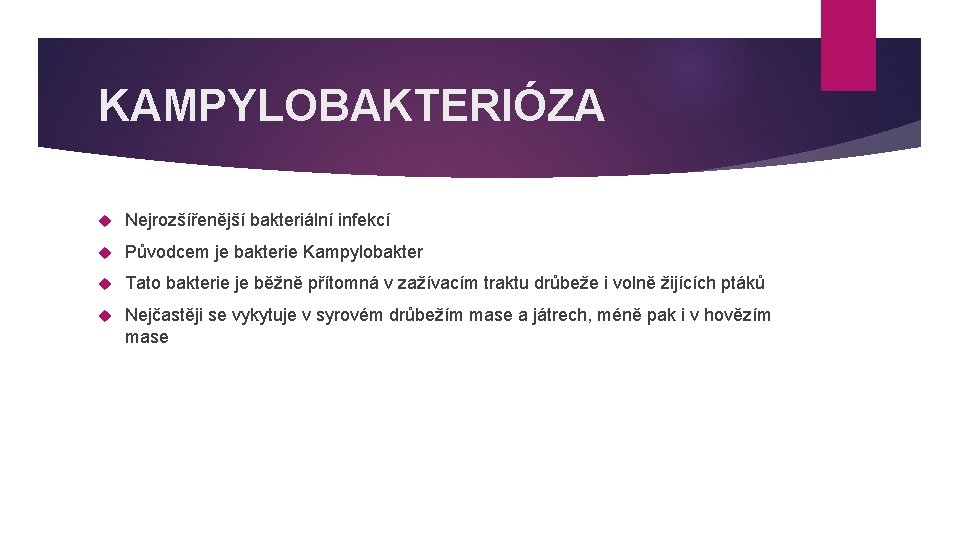 KAMPYLOBAKTERIÓZA Nejrozšířenější bakteriální infekcí Původcem je bakterie Kampylobakter Tato bakterie je běžně přítomná v