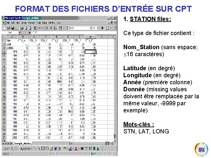 FORMAT DES FICHIERS D’ENTRÉE SUR CPT 1. STATION files: Ce type de fichier contient