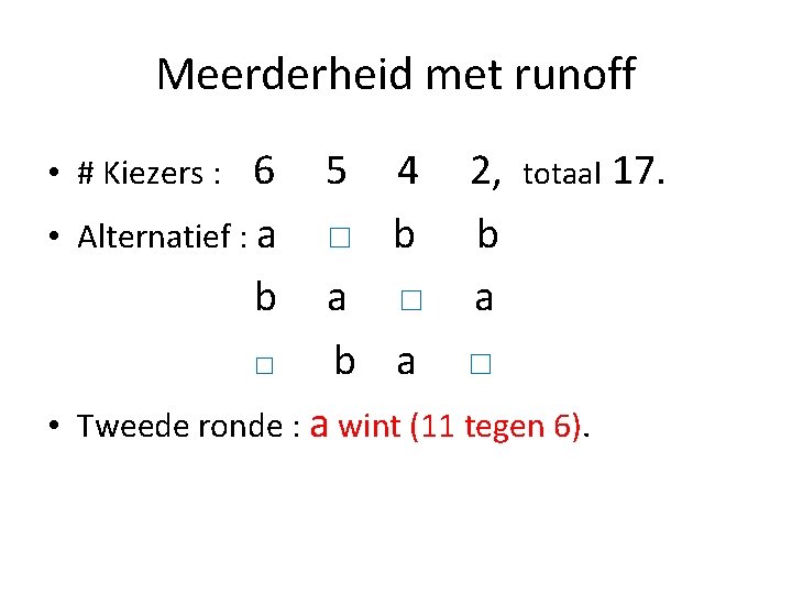 Meerderheid met runoff 6 • Alternatief : a b 5 4 2, totaal 17.