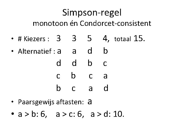 Simpson-regel monotoon én Condorcet-consistent • # Kiezers : 3 3 • Alternatief : a