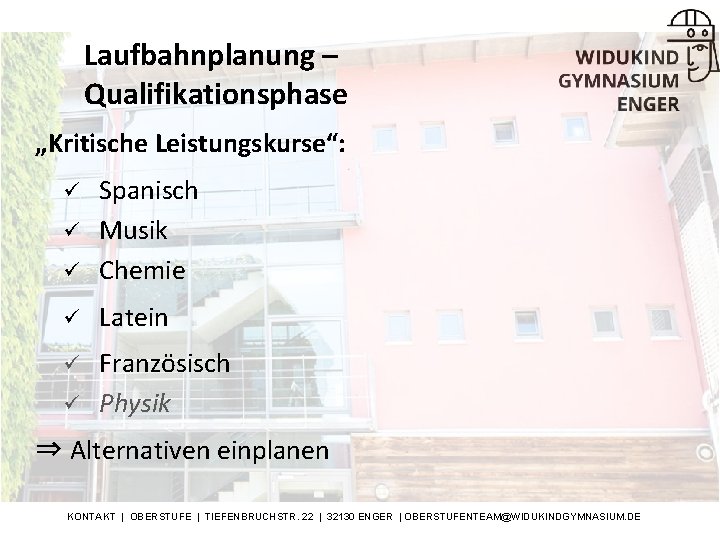 Laufbahnplanung – Qualifikationsphase „Kritische Leistungskurse“: ü Spanisch Musik Chemie ü Latein ü Französisch Physik