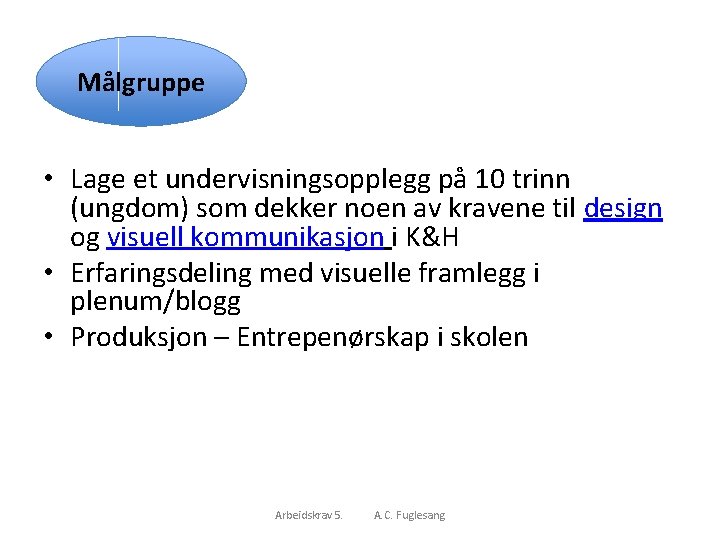 Målgruppe • Lage et undervisningsopplegg på 10 trinn (ungdom) som dekker noen av kravene