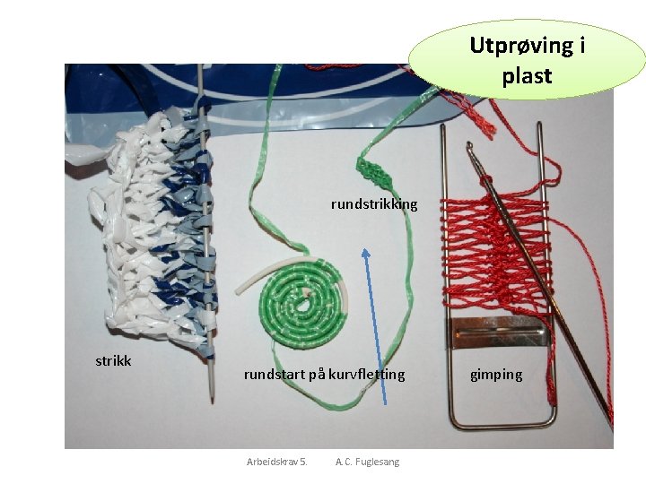 Utprøving i plast rundstrikking strikk rundstart på kurvfletting Arbeidskrav 5. A. C. Fuglesang gimping
