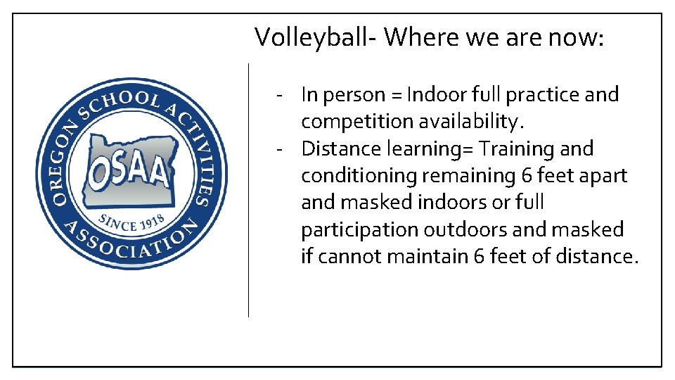 Volleyball- Where we are now: - In person = Indoor full practice and competition