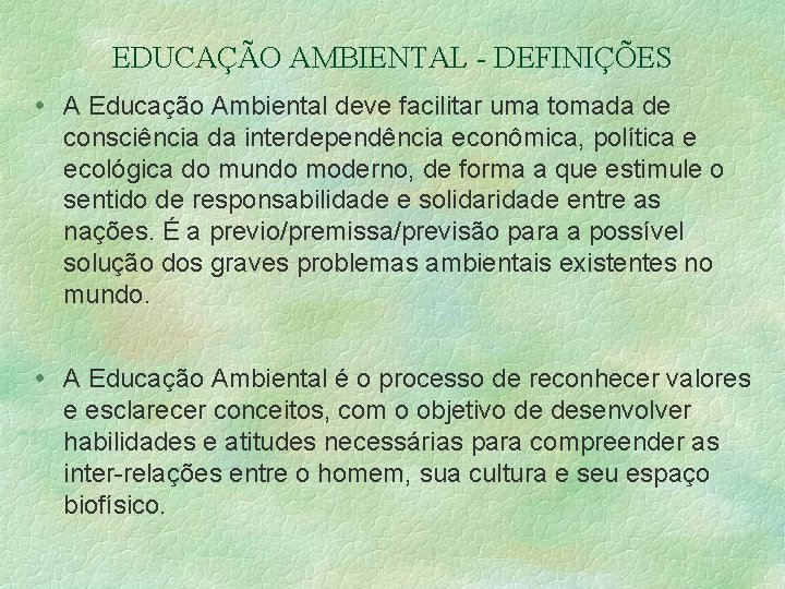 EDUCAÇÃO AMBIENTAL - DEFINIÇÕES A Educação Ambiental deve facilitar uma tomada de consciência da