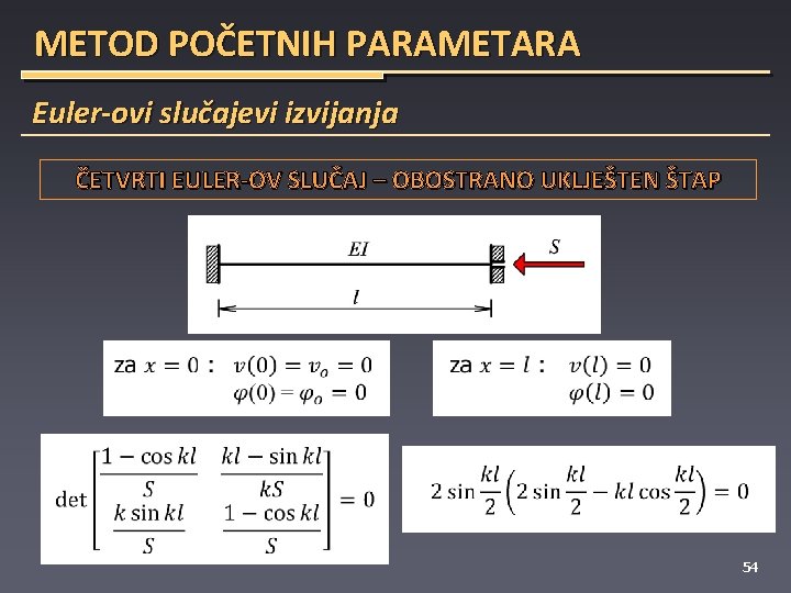 METOD POČETNIH PARAMETARA Euler-ovi slučajevi izvijanja ČETVRTI EULER-OV SLUČAJ – OBOSTRANO UKLJEŠTEN ŠTAP 54