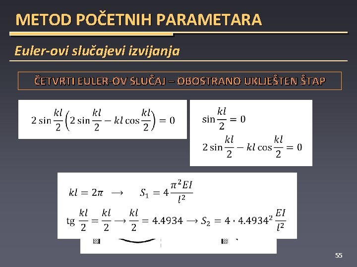 METOD POČETNIH PARAMETARA Euler-ovi slučajevi izvijanja ČETVRTI EULER-OV SLUČAJ – OBOSTRANO UKLJEŠTEN ŠTAP 55